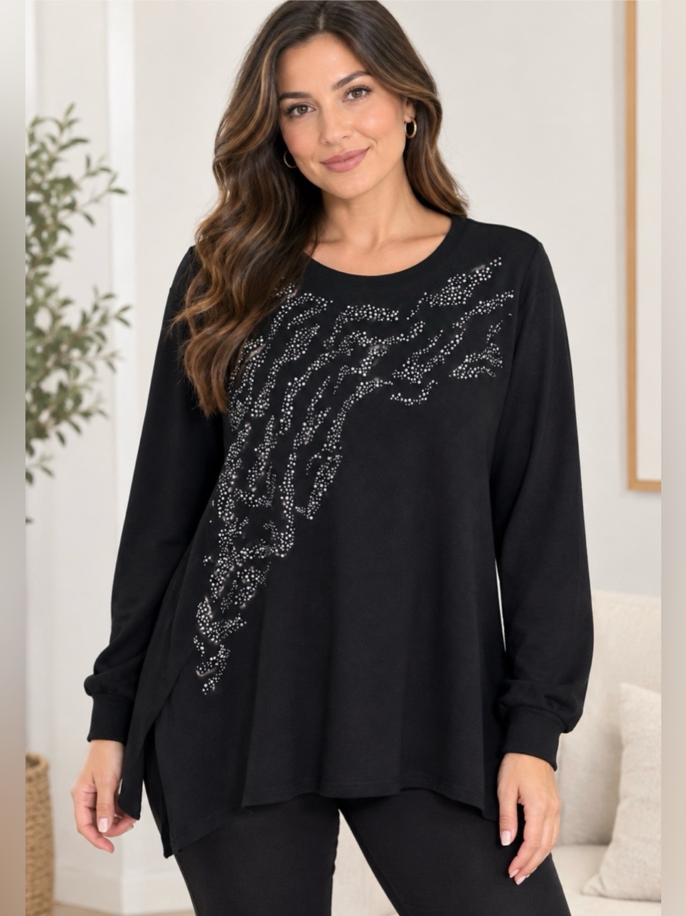 Laura Plus Black Long-Sleeve Top with Silver Crystal Accent